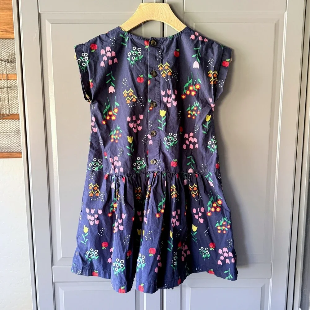 Hanna Andersson Girls Floral Fruit Print Drop Waist Dress, Navy Multi,8